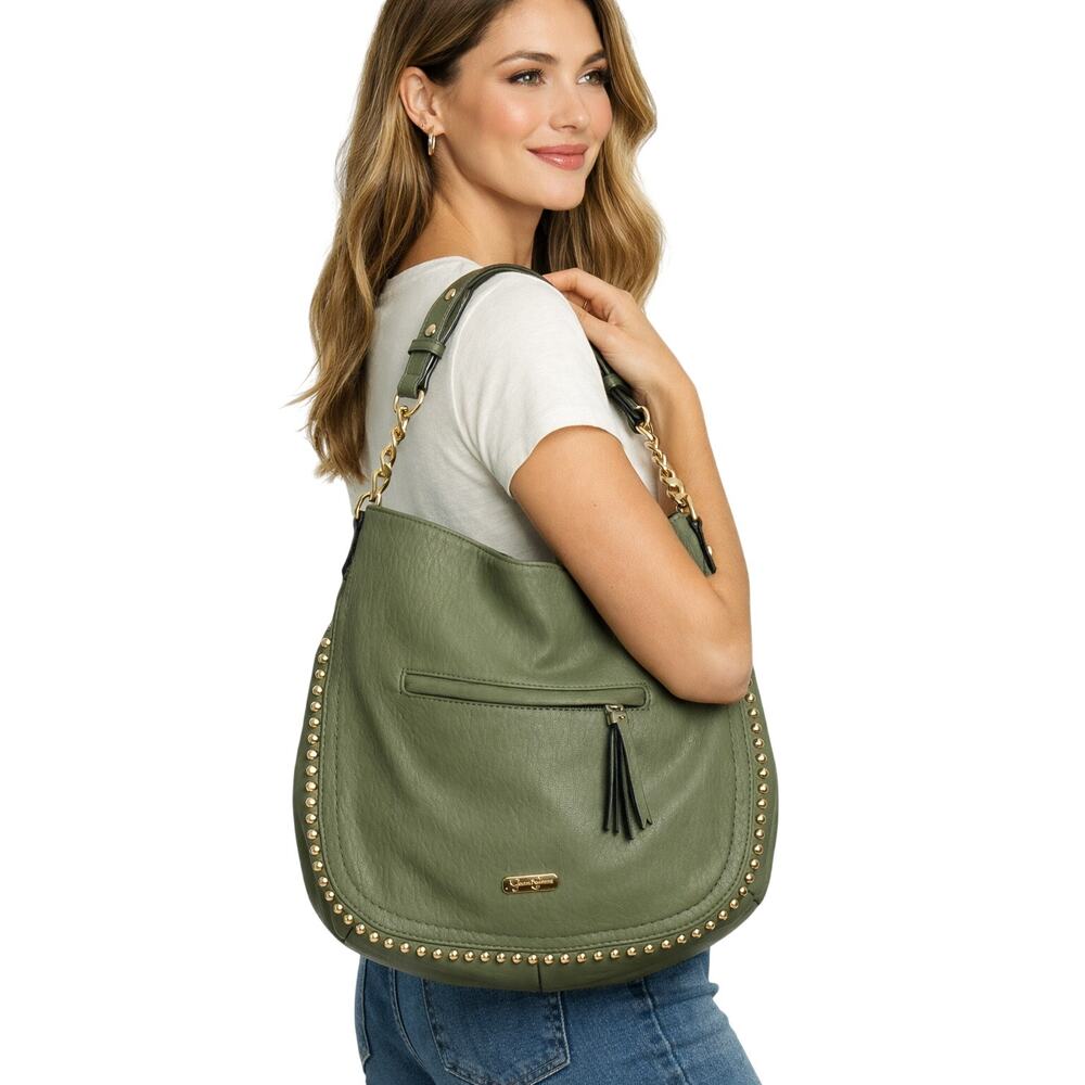 Jessica Simpson Camille Olive Studded Hobo Bag Gold Chain Detail